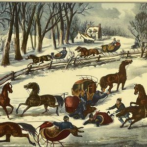 Travelers Calendar Page 16"x11" Currie & Ives "A Spill Out" March 1952 Vintage